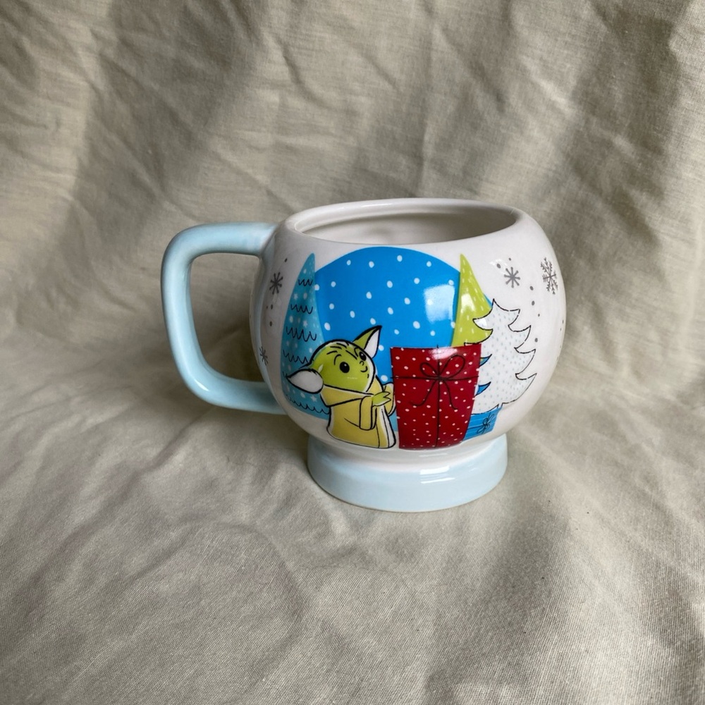 NEW Baby Yoda Mug Hand Painted Mandalorian Snowman Snow Flakes Trees Star Wars